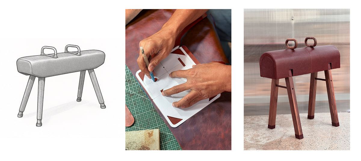 A bespoke FYSIK pommel horse - design sketch, leather cut by hand, and the finished piece in oxblood leather and walnut