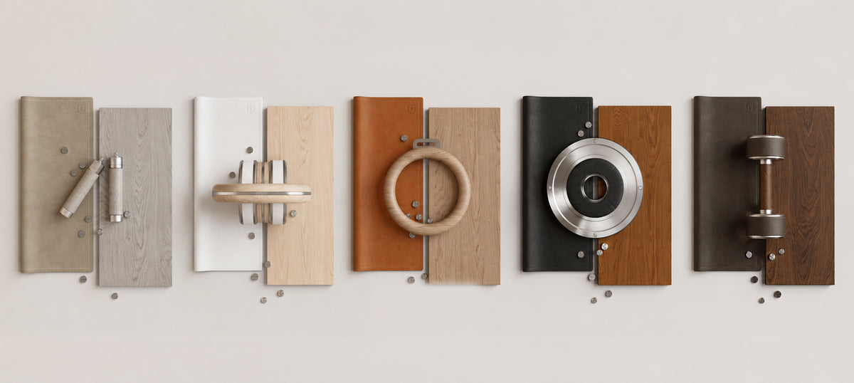 FYSIK material finishes - five leather and wood pairings with stainless steel components
